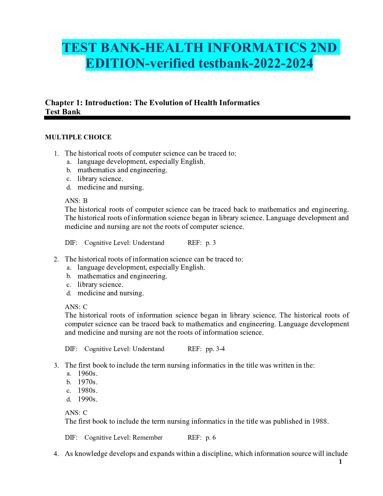 Preview of TEST BANK-HEALTH INFORMATICS 2ND EDITION-verified testbank-2022-2024